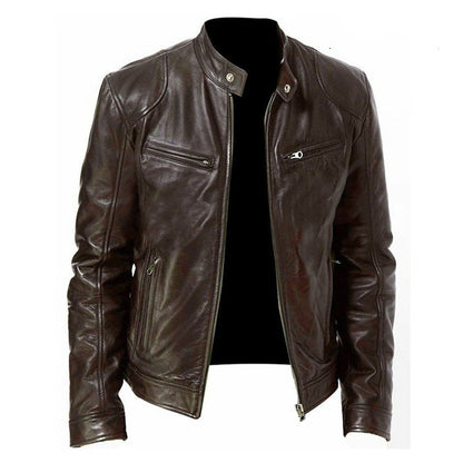 Zip Cardigan PU Leather Jacket With Stand Collar