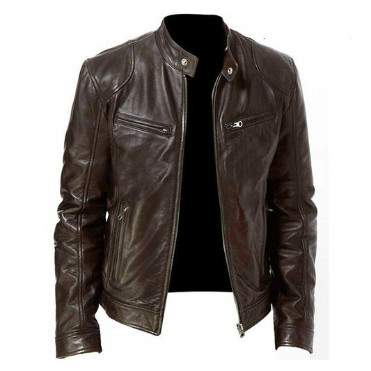 Zip Cardigan PU Leather Jacket With Stand Collar