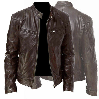 Zip Cardigan PU Leather Jacket With Stand Collar
