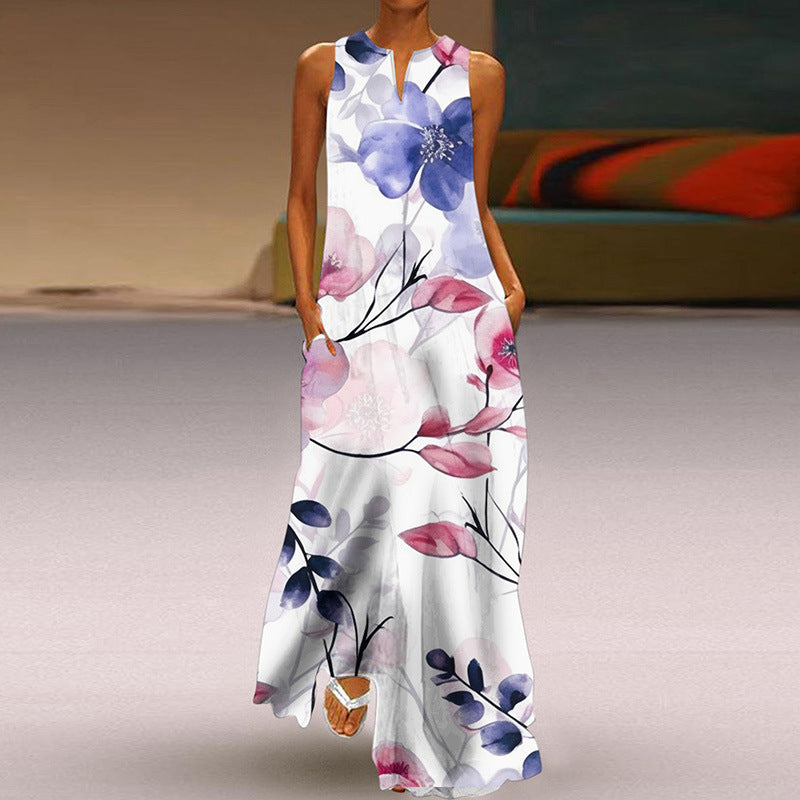 Wonderful Printed V-neck Long Dress With Pocket
