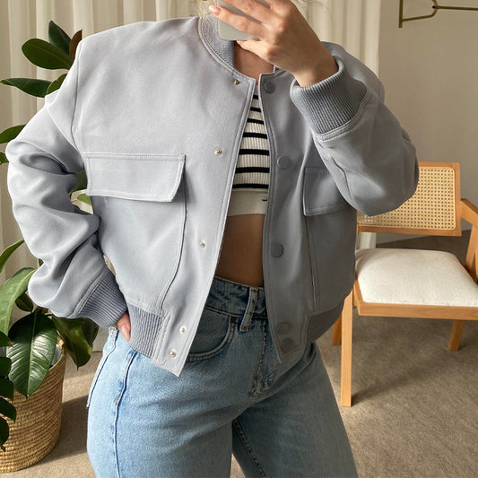Fashion Button and Stand-collar Jacket With Big Pockets For Women