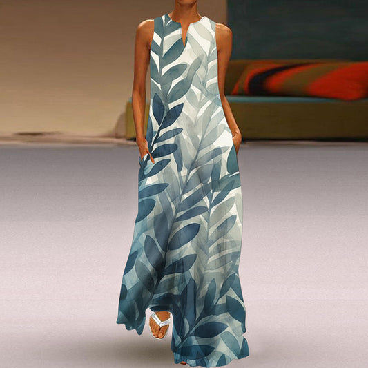 Wonderful Printed V-neck Long Dress With Pocket