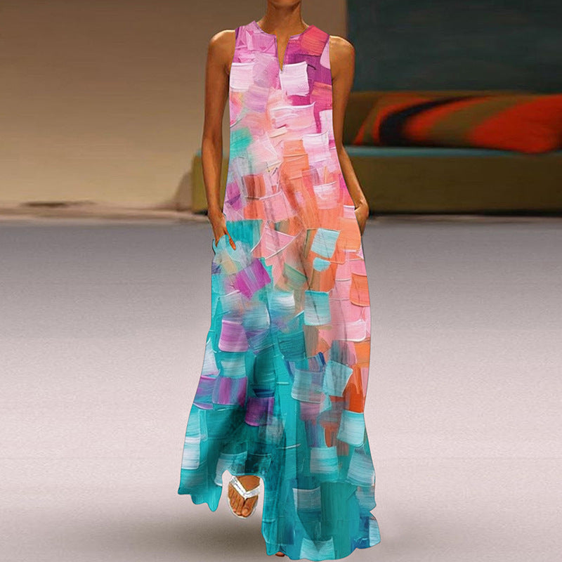 Wonderful Printed V-neck Long Dress With Pocket