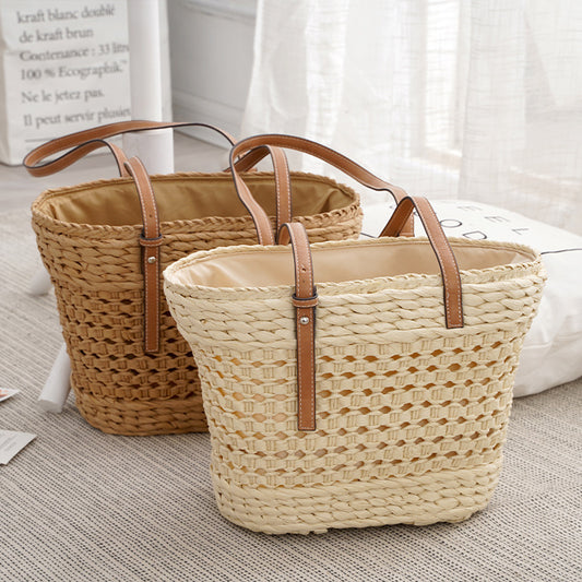 Large Capacity Fashion Urban Simple White Khaki Straw Braided Bag - A Trust Market