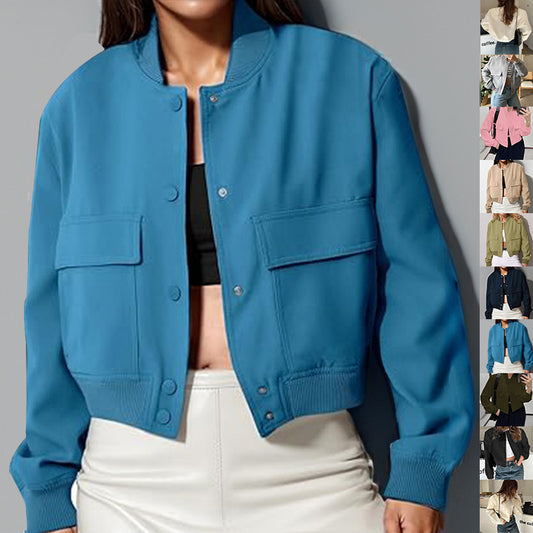 Fashion Button and Stand-collar Jacket With Big Pockets For Women