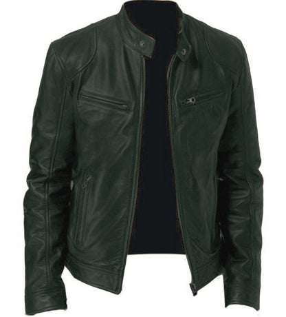 Zip Cardigan PU Leather Jacket With Stand Collar