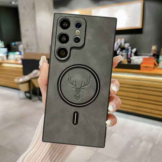 S23 Deer Head Magnetic For Wireless Charger In Leather Pattern Phone Case