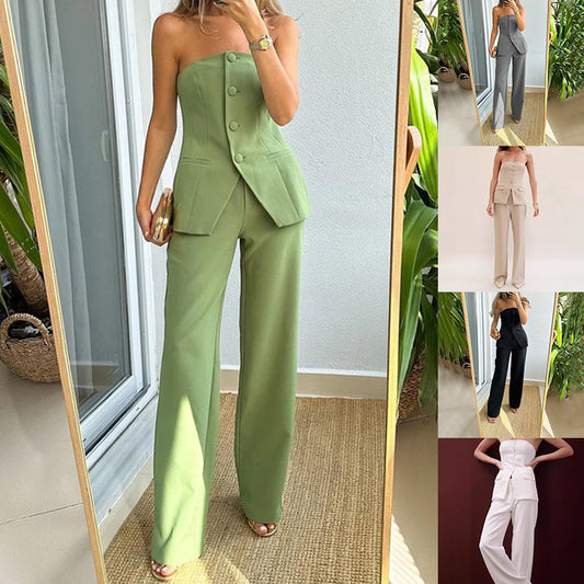 Graceful Tube Top Suit Fashion With Straight Pants For Women