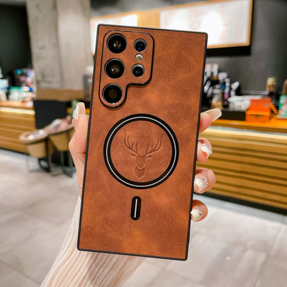 S23 Deer Head Magnetic For Wireless Charger In Leather Pattern Phone Case