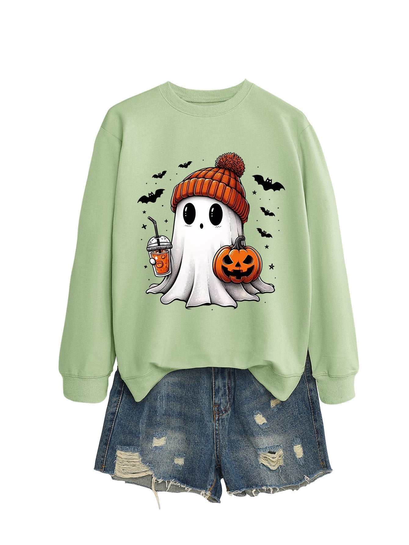 Cute Long Sleeve Pumpkin and Bat Printed Sweatshirt - A Trust Market