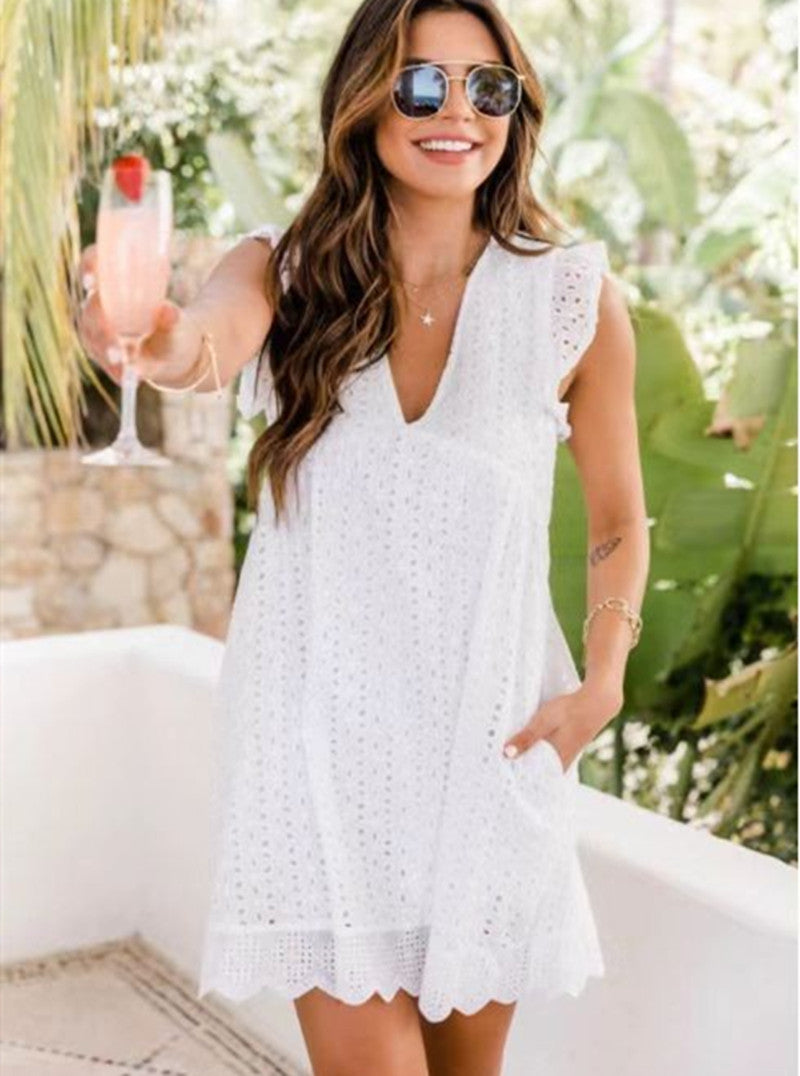 Amazing Lace Dress With Pocket. Jacquard Cutout V-Neck for Summer Moments - A Trust Market