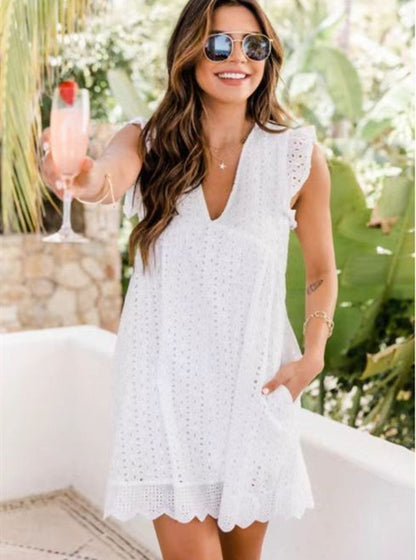 Amazing Lace Dress With Pocket. Jacquard Cutout V-Neck for Summer Moments - A Trust Market