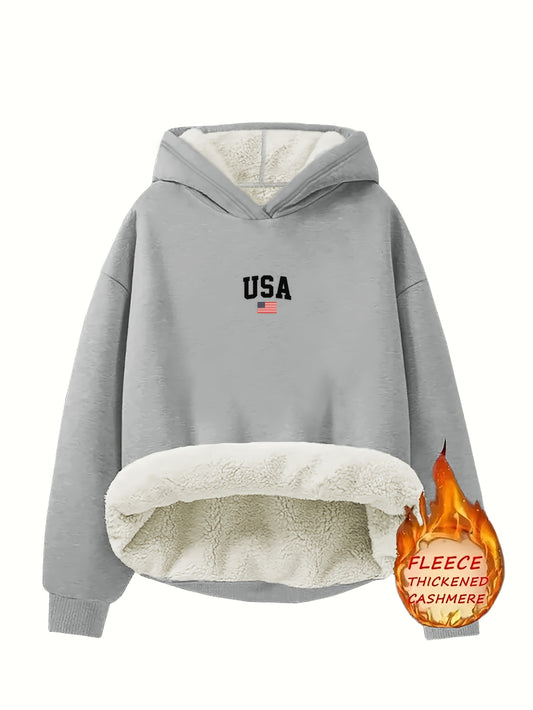 Wonderful USA Flag Print Hoodie For Women. Casual Pullover with Fleece-Lined Collar.