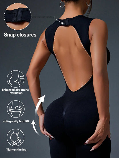 Tight Sleeveless Jumpsuit, Zipper Closure For Sports, Yoga, Fitness & Workout