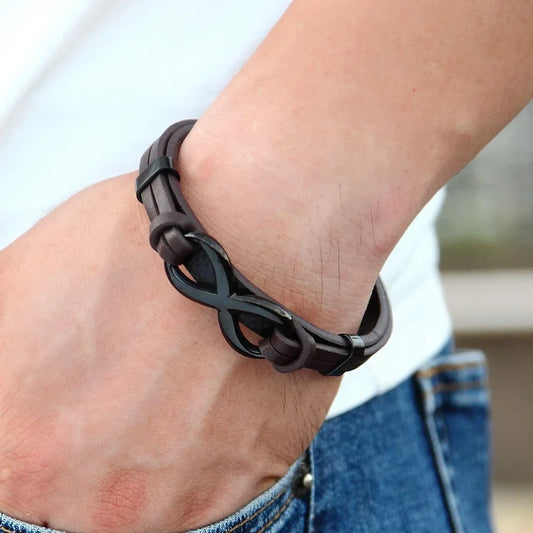 Luxury Leather Bracelet With Infinity Symbol And Steel Buckle