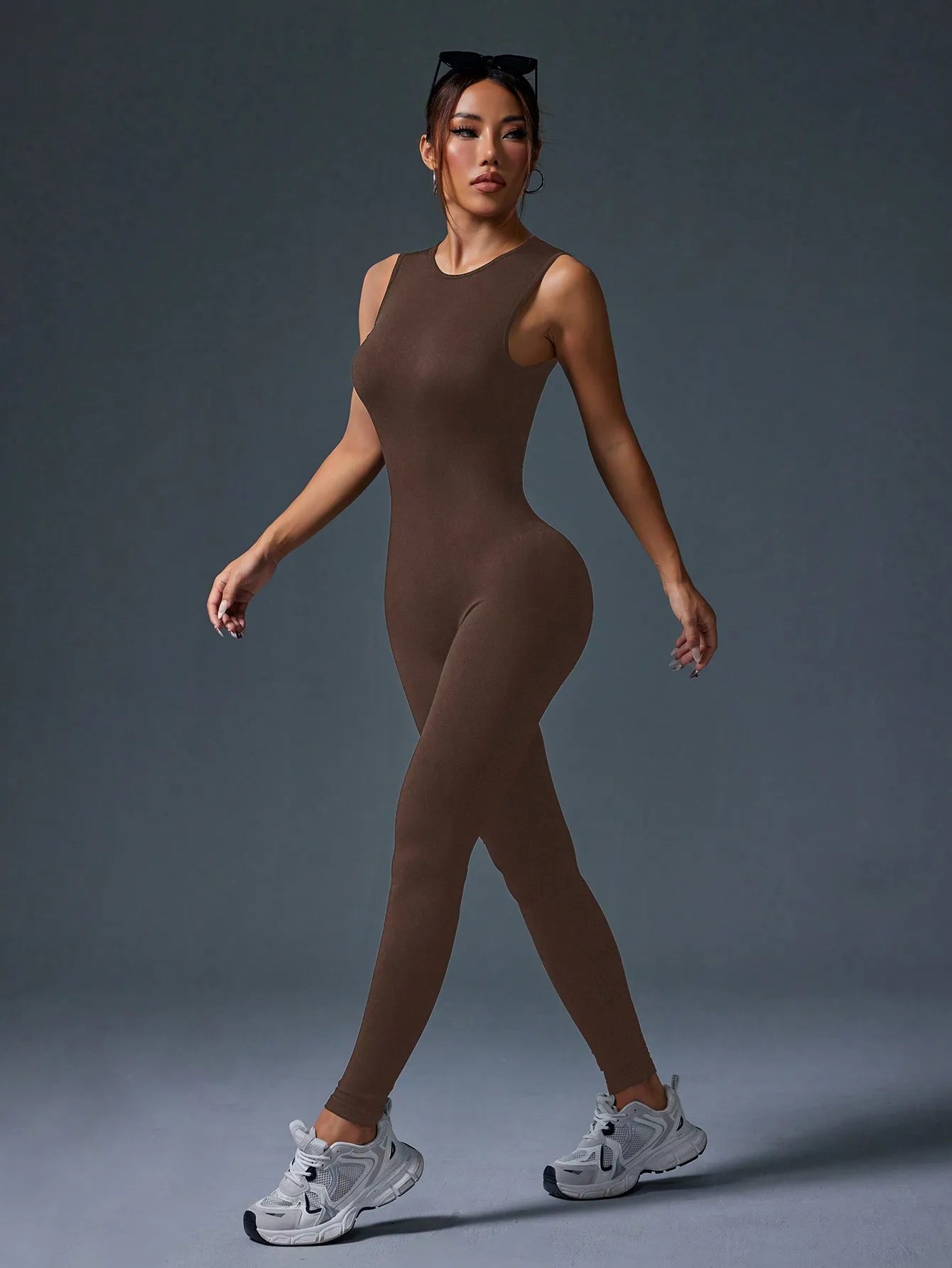 Tight Sleeveless Jumpsuit, Zipper Closure For Sports, Yoga, Fitness & Workout