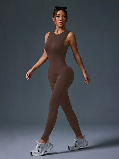 Tight Sleeveless Jumpsuit, Zipper Closure For Sports, Yoga, Fitness & Workout
