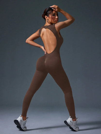 Tight Sleeveless Jumpsuit, Zipper Closure For Sports, Yoga, Fitness & Workout