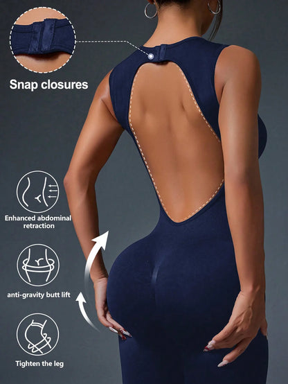 Tight Sleeveless Jumpsuit, Zipper Closure For Sports, Yoga, Fitness & Workout