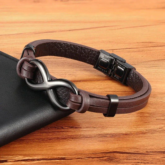 Luxury Leather Bracelet With Infinity Symbol And Steel Buckle