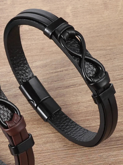 Luxury Leather Bracelet With Infinity Symbol And Steel Buckle