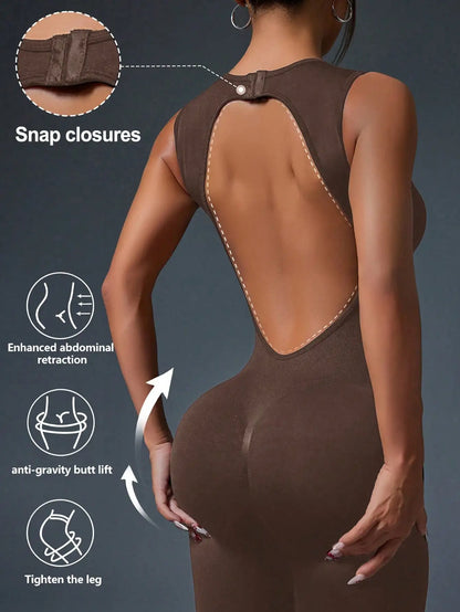 Tight Sleeveless Jumpsuit, Zipper Closure For Sports, Yoga, Fitness & Workout
