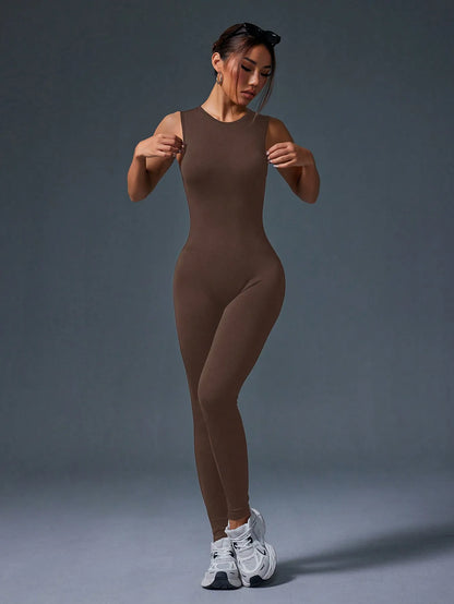 Tight Sleeveless Jumpsuit, Zipper Closure For Sports, Yoga, Fitness & Workout