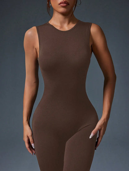 Tight Sleeveless Jumpsuit, Zipper Closure For Sports, Yoga, Fitness & Workout
