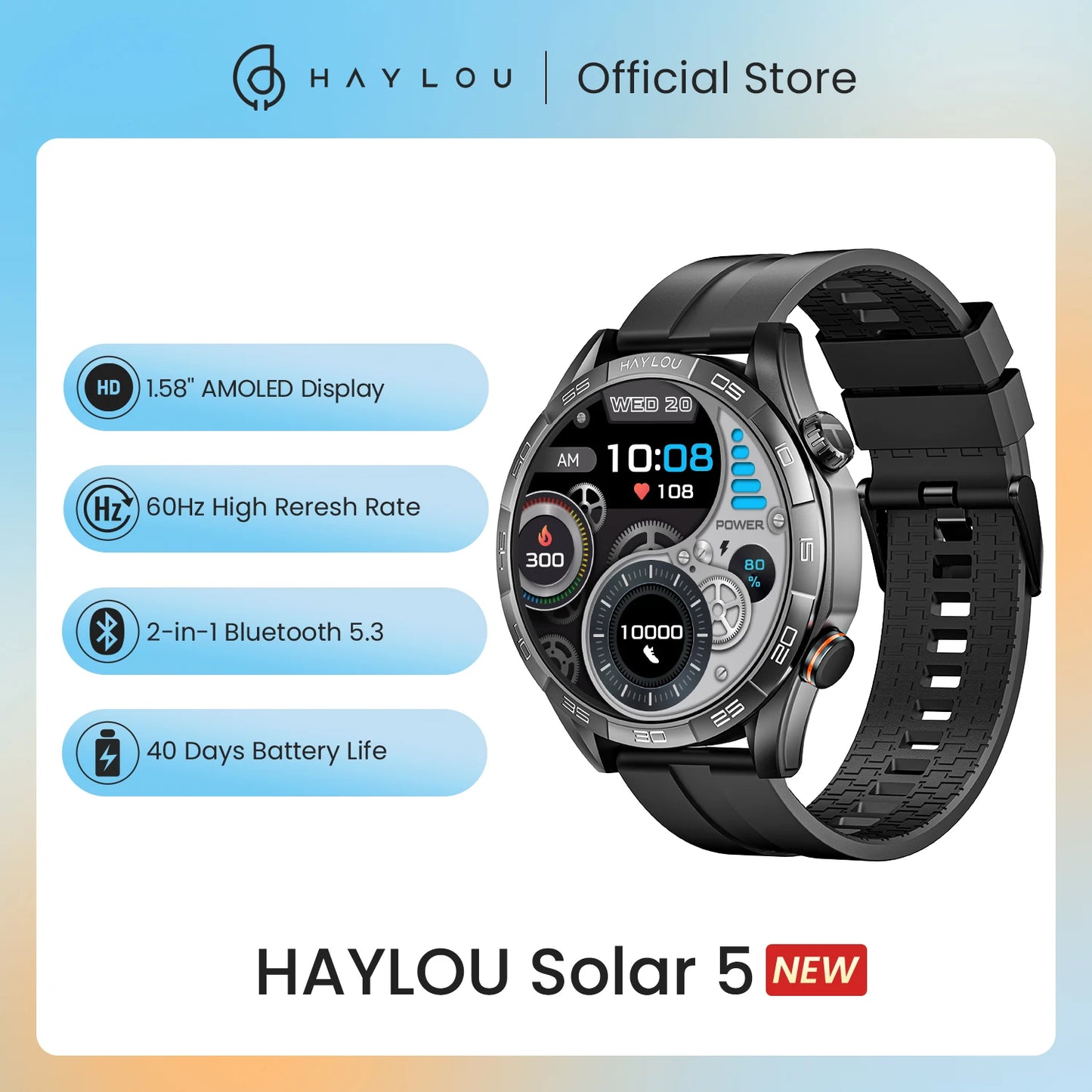 HAYLOU Solar 5 Voice Calling Smartwatch 1.58". AMOLED Display With 24h Health Monitoring ⌚