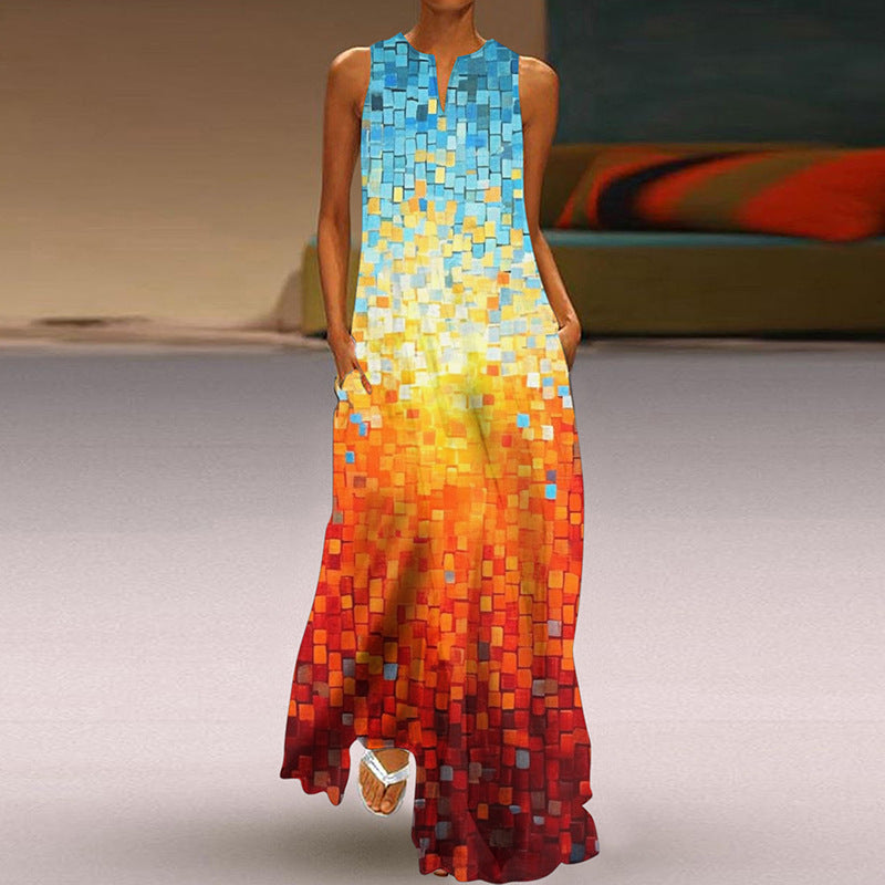 Wonderful Printed V-neck Long Dress With Pocket