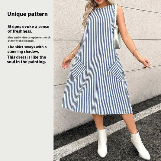 Wonderful Round Neck Striped Dress With Pocket For Women