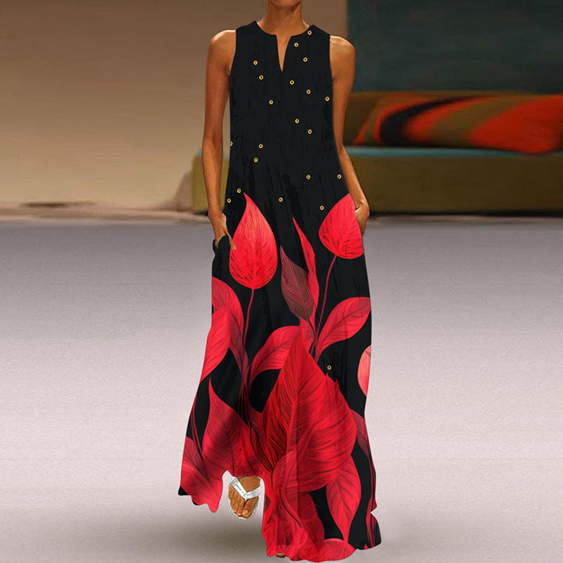 Wonderful Printed V-neck Long Dress With Pocket