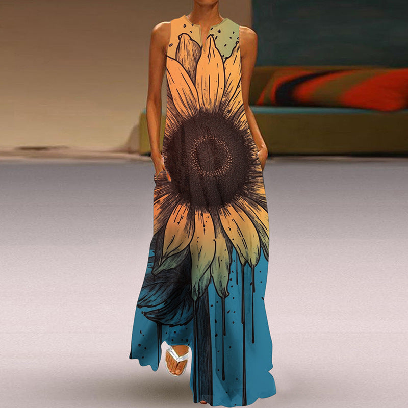 Wonderful Printed V-neck Long Dress With Pocket