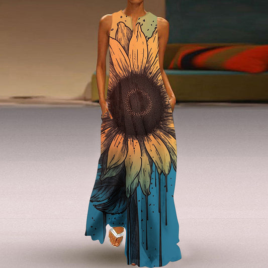Wonderful Printed V-neck Long Dress With Pocket