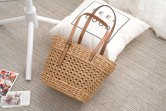 Large Capacity Fashion Urban Simple White Khaki Straw Braided Bag - A Trust Market