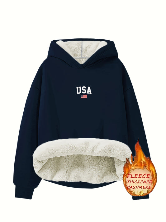 Wonderful USA Flag Print Hoodie For Women. Casual Pullover with Fleece-Lined Collar.
