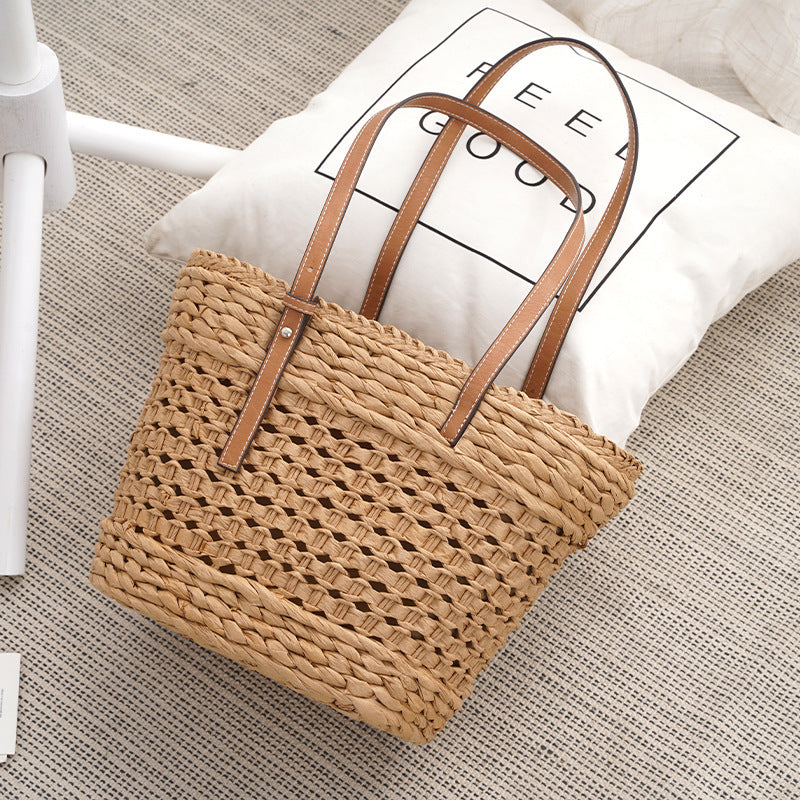Large Capacity Fashion Urban Simple White Khaki Straw Braided Bag - A Trust Market