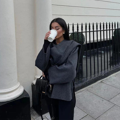 Solid Knitted Cardigan With Asymmetrical Scarf Design