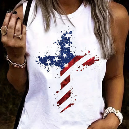 Fantastic Sleeveless Star & Stripe Print Crew T-Shirt