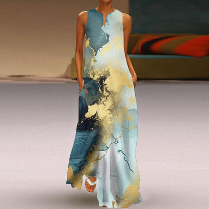 Wonderful Printed V-neck Long Dress With Pocket