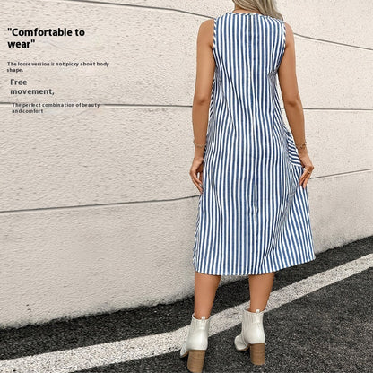 Wonderful Round Neck Striped Dress With Pocket For Women