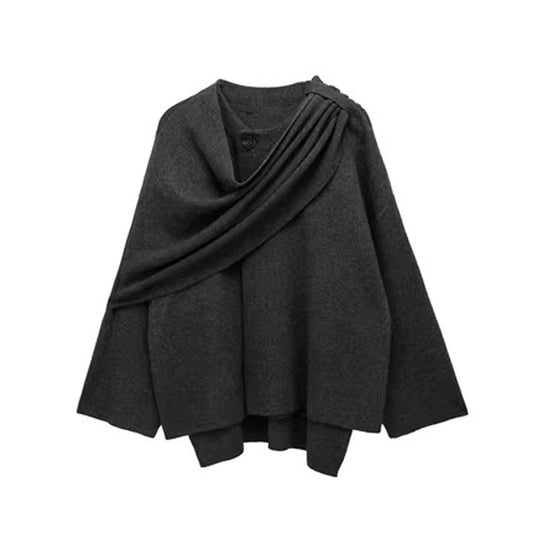 Solid Knitted Cardigan With Asymmetrical Scarf Design